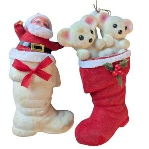 Vintage 2 Flocked Christmas Stocking Ornaments Santa Bears Holidy Decorations 5"